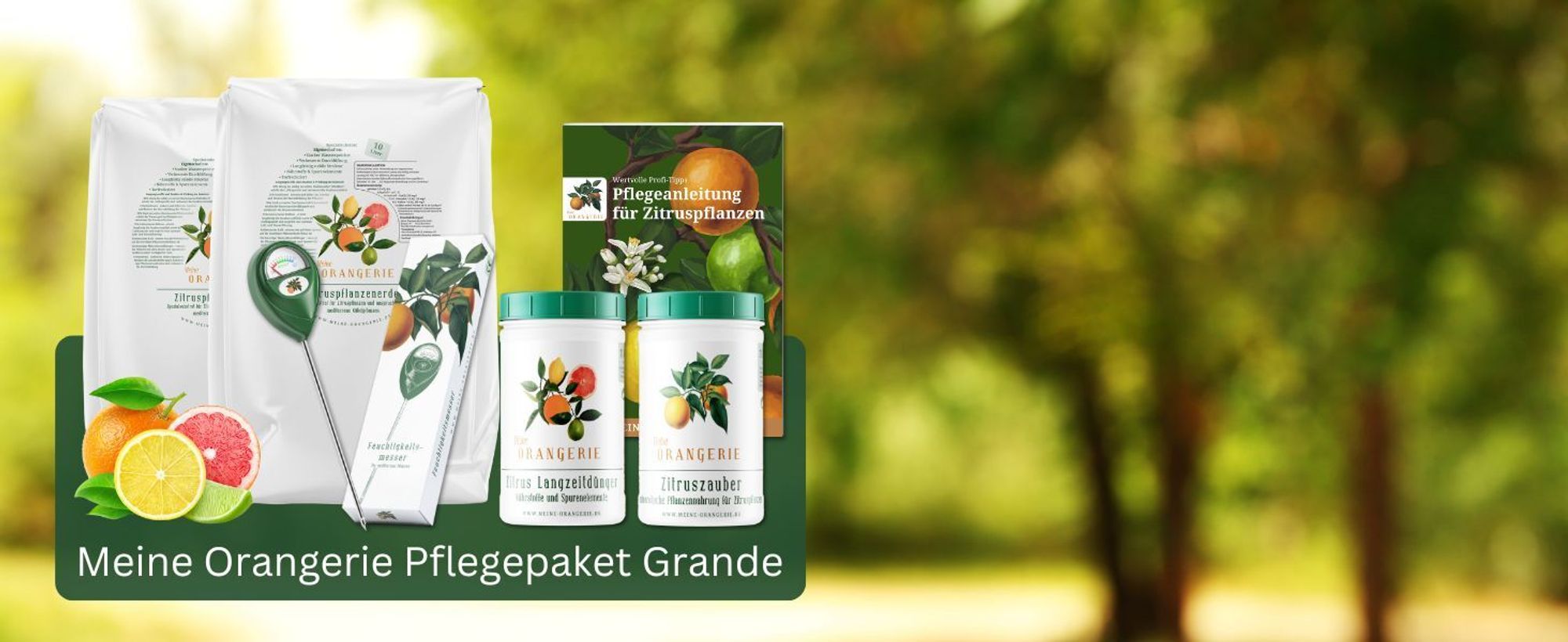 Meine Orangerie Zitrus Pflegepaket Grande: Beste Zitruserde + starker Zitrusdünger + nützlicher Feuchtigkeitsmesser + ausführliche Pflegebroschüre