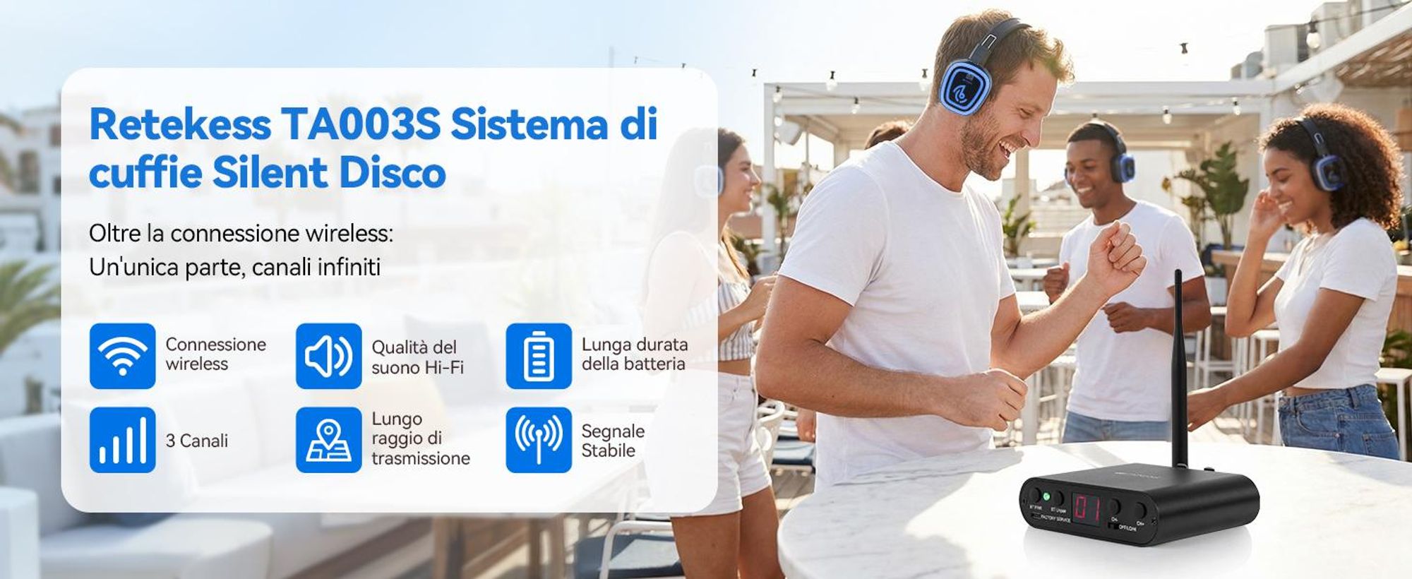 Retekess TA004S Silent Disco: cuffie wireless, sistema audio versione migliorata, 6 canali con Bluetooth, pieghevoli, per TV, yoga, meditazione