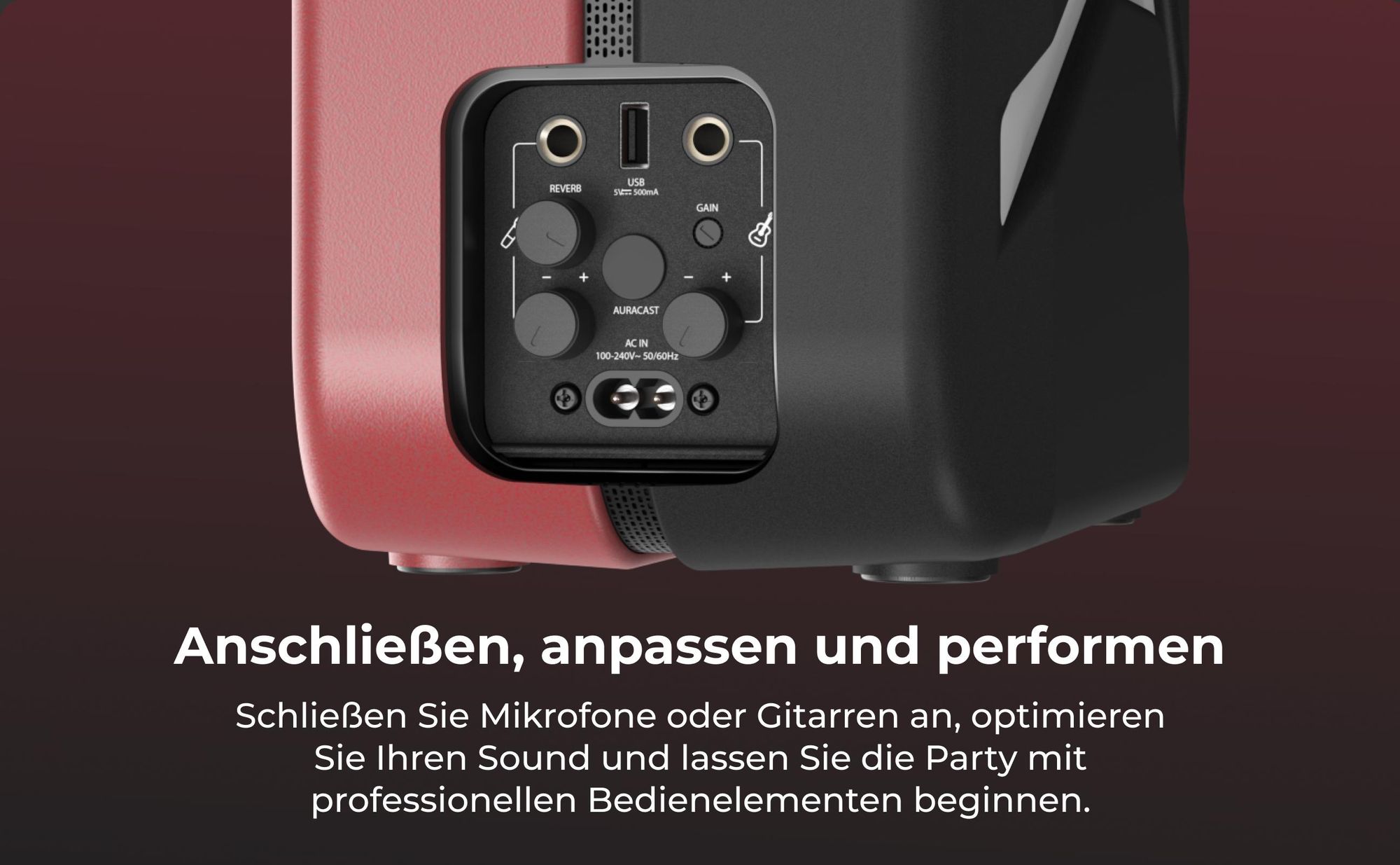 ULTIMEA Go tragbarer Party-Lautsprecher, 300 W Bluetooth PartyBox mit Bass-Boost, RGB-Beleuchtung, Mikrofon-/Gitarreneingang, Party & Outdoor, Rot