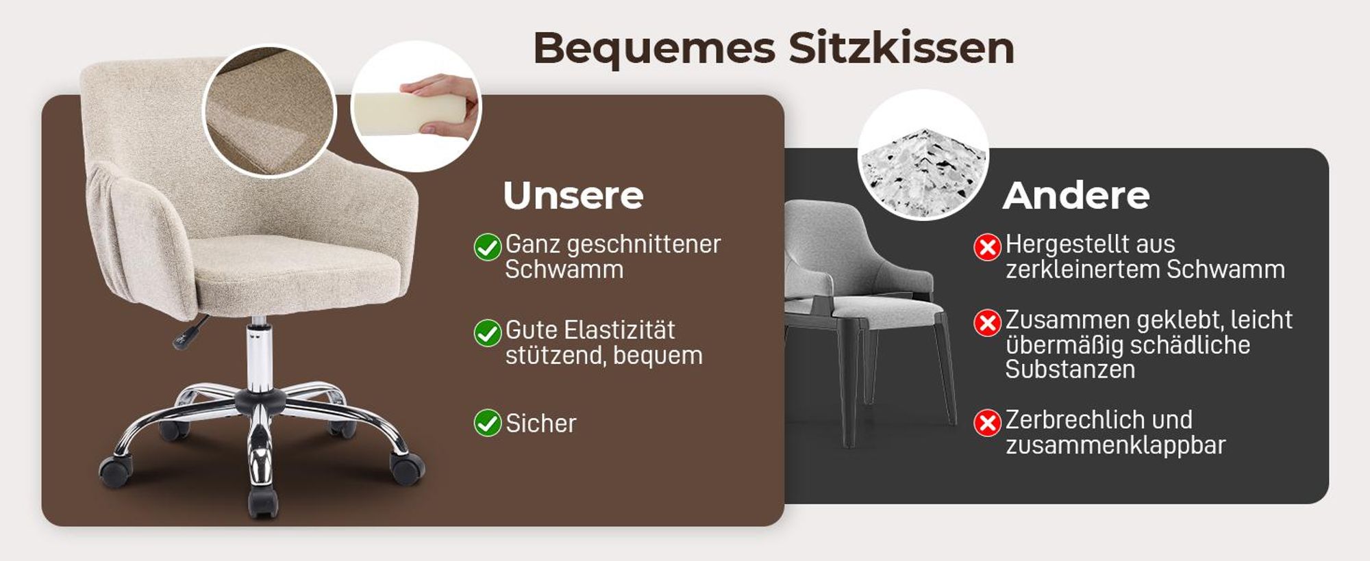 Schreibtischstuhl mit Armlehnen, Drehstuhl mit Rollen, Polsterstuhl,Hellbraun