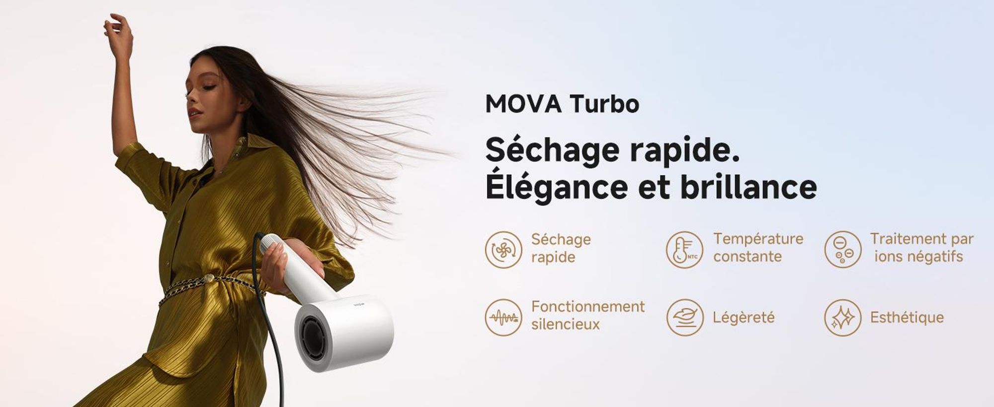 MOVA Turbo Sèche-cheveux Ion 110.000 rpm, 4 temp. & 2 niveaux d'air, 200 millions d'ions, 330g, 8 modes, idéal pour la maison & les voyages