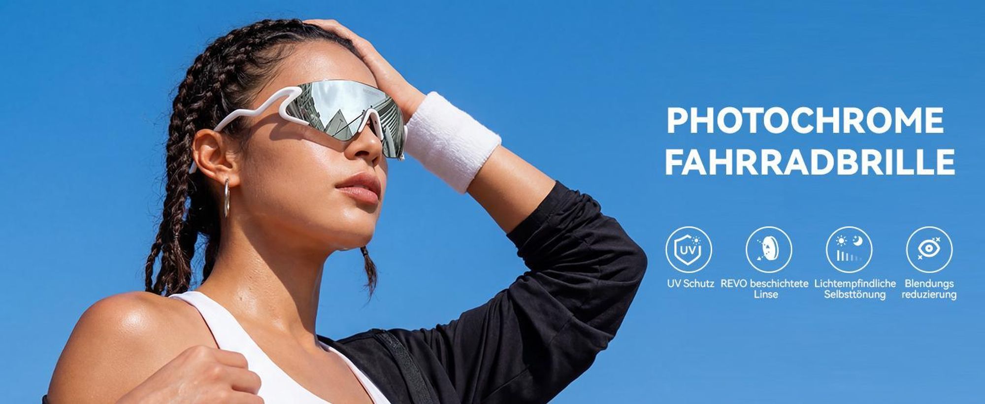 ROCKBROS Fahrradbrille Sonnenbrille, Photochrome Brille, Selbsttönend UV400 Schutz TR90 Sportbrille, Ultraleicht 24g Laufbrille Grau / Weiß