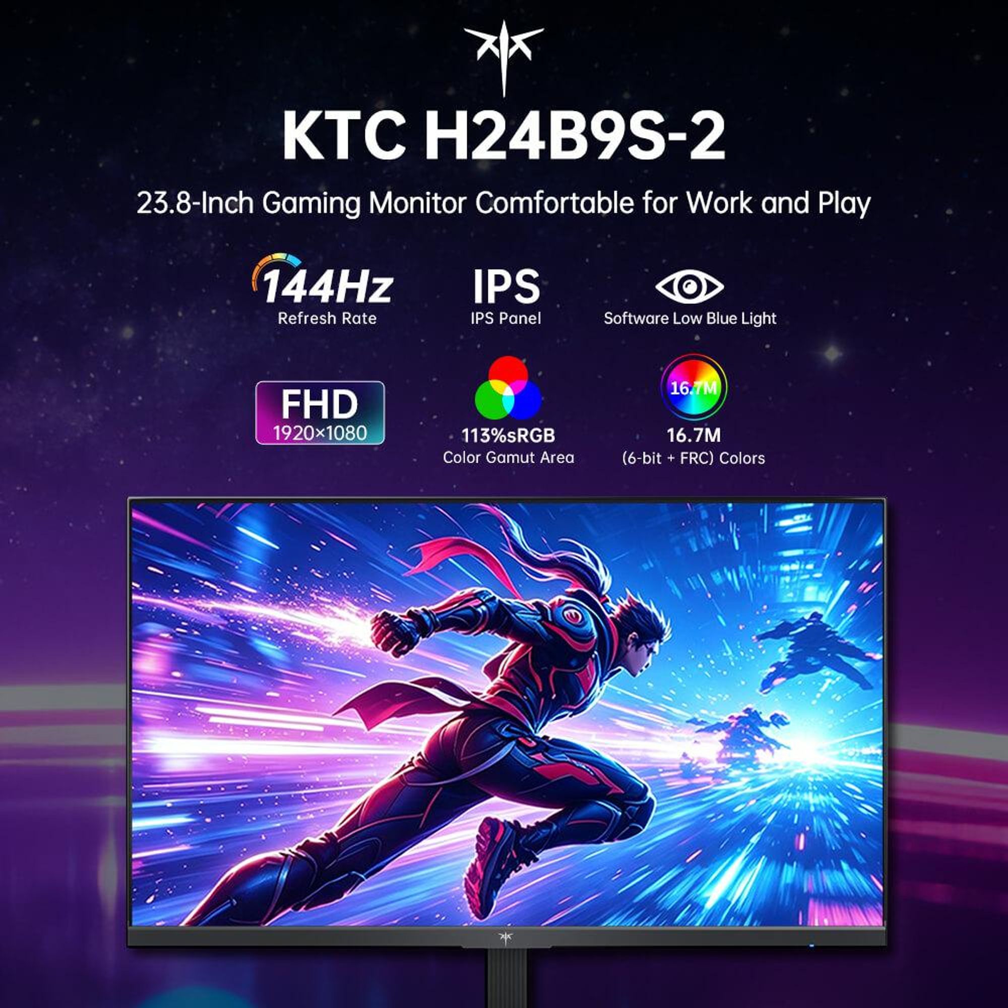 Monitor do gier KTC H24B9S-2, 23,8 cala, Full HD, 144Hz, szybka matryca IPS, HDMI, VESA, bez migotania, redukcja niebieskiego światła