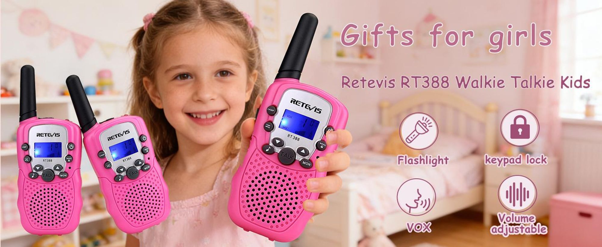 Retevis RT388 Vysielačky Walkie Talkie, darček pre deti od 4 do 12 rokov, s baterkou VOX, DCS/CTCSS, vysielačka s dlhým dosahom na kempingové hry
