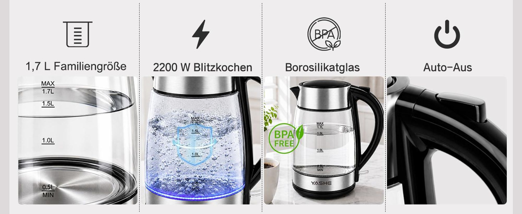 YASHE Wasserkocher Glas 1,7L 2200W mit Schnellkochfunktion und LED-Licht
