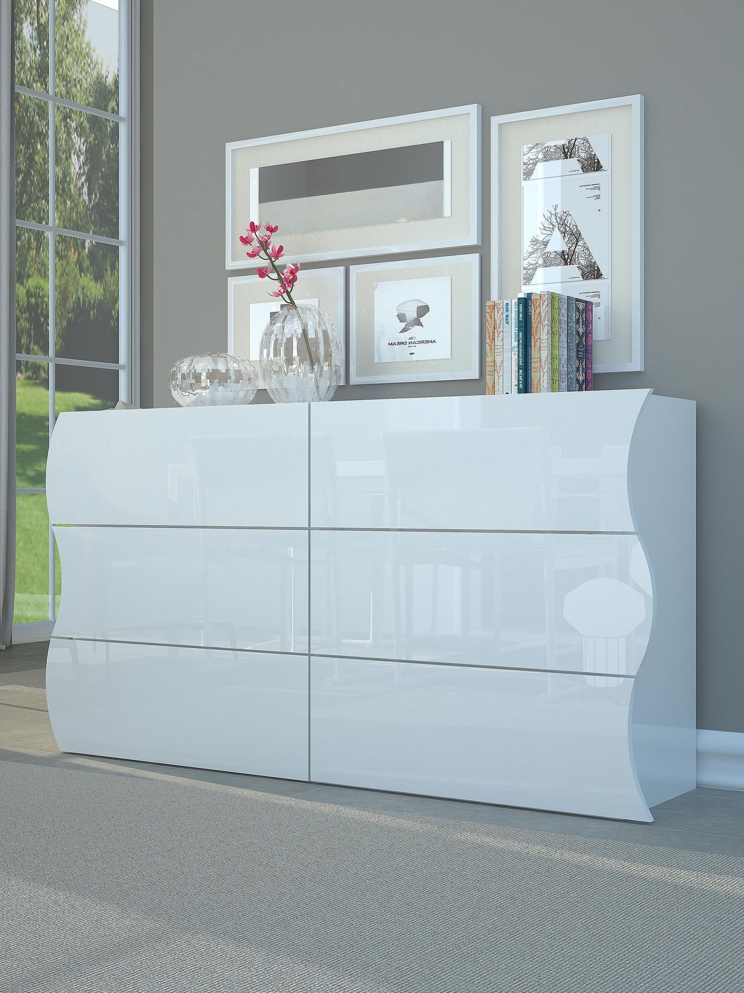 möbelando Kommode Onda – moderne Kommode mit 6 Schubladen und Weiß Hochglanz