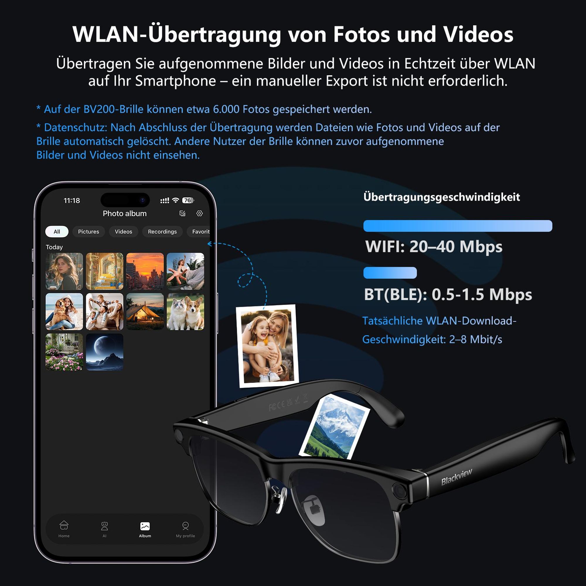 Sonnenbrille 2026 Neue BV200 KI-Kamera-Brille, AI Glasses, BT 6.0, Open-Ear HiFi, Sony IMX219 Sensor, Fotografieren, kommunizieren, übersetzen
