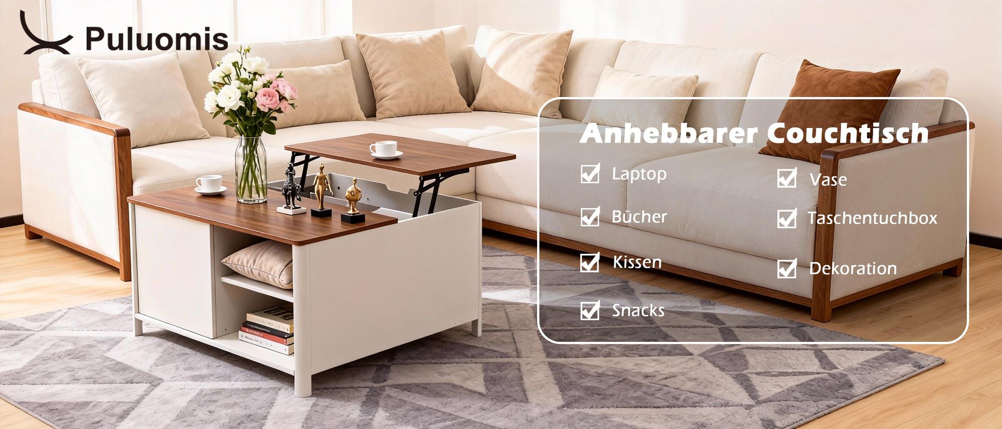 Puluomis Couchtisch mit Lift-Mechanismus, Multifunktionaler Esstisch Arbeitstisch mit Verstecktem Stauraum, Magnetischen Türen 80cm