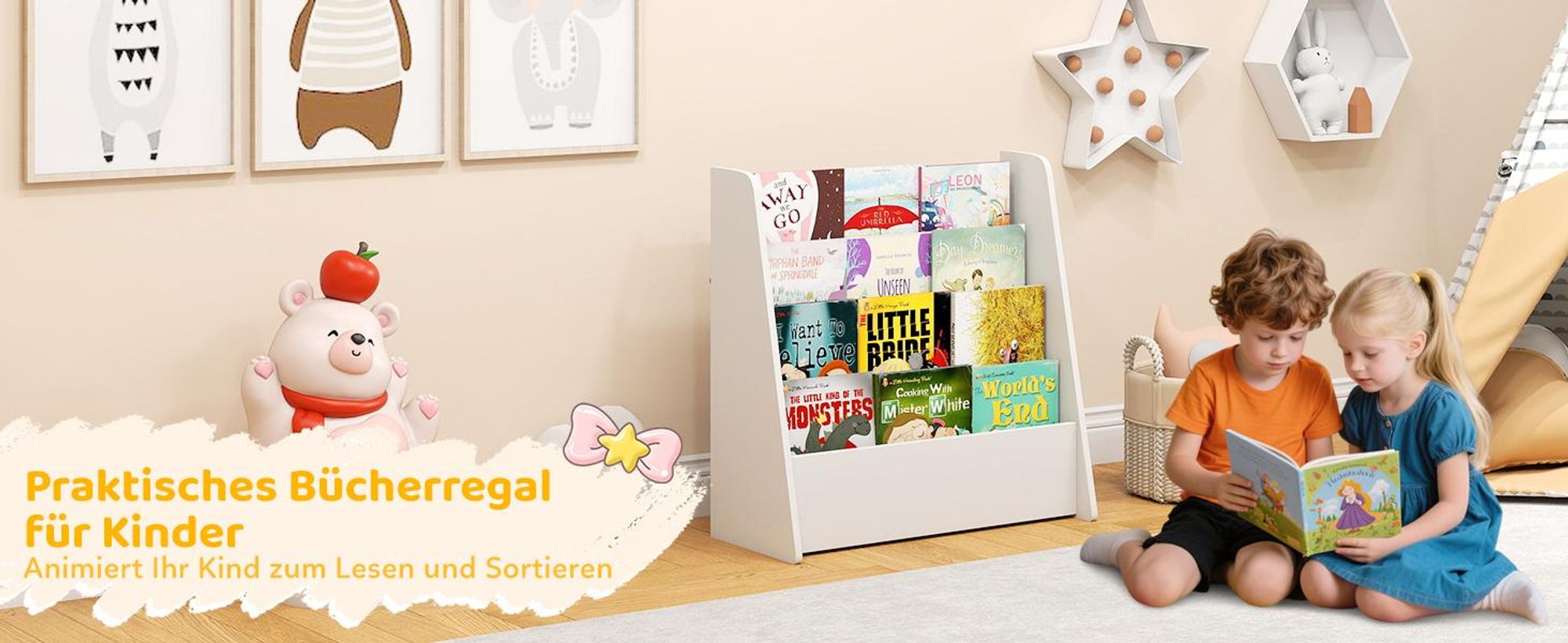 COSTWAY Kinderregal mit 4 Ablagefächern, Bücherregal Kinder, Büchergestell, Zeitungsständer Aufbewahrungsregal, Spielzeugregal für kinderzimmer Weiß