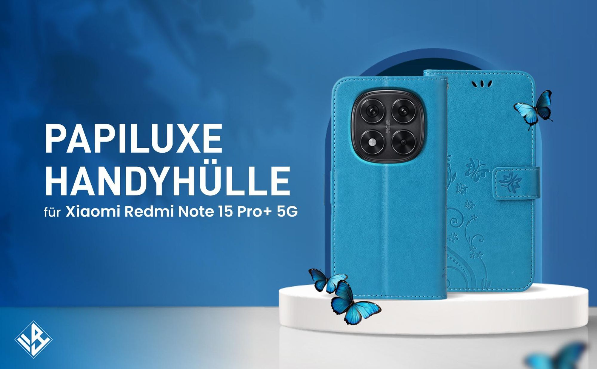 Blaue Klapphülle im Schmetterling Design für Xiaomi Redmi Note 15 Pro+ 5G mit Wallet-Funktion