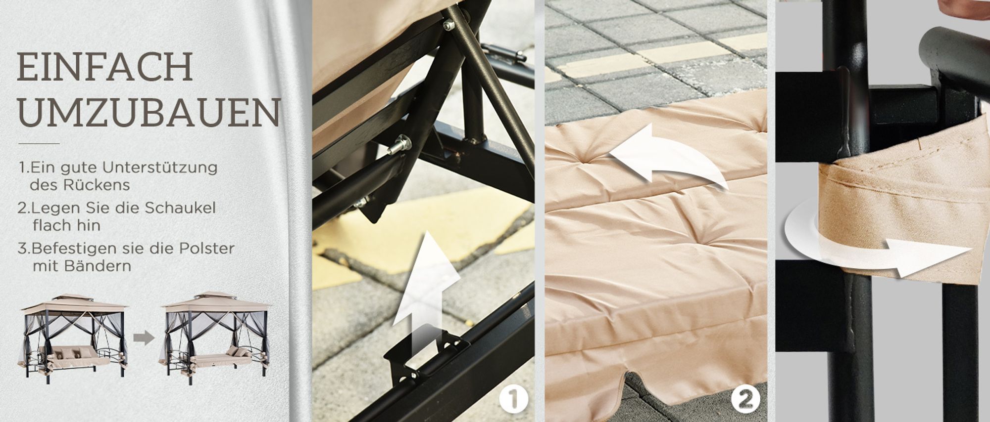 Outsunny Hollywoodschaukel Gartenschaukel Schaukel mit Seitenwänden 3-Sitzer Beige 256 x 172 x 248 cm
