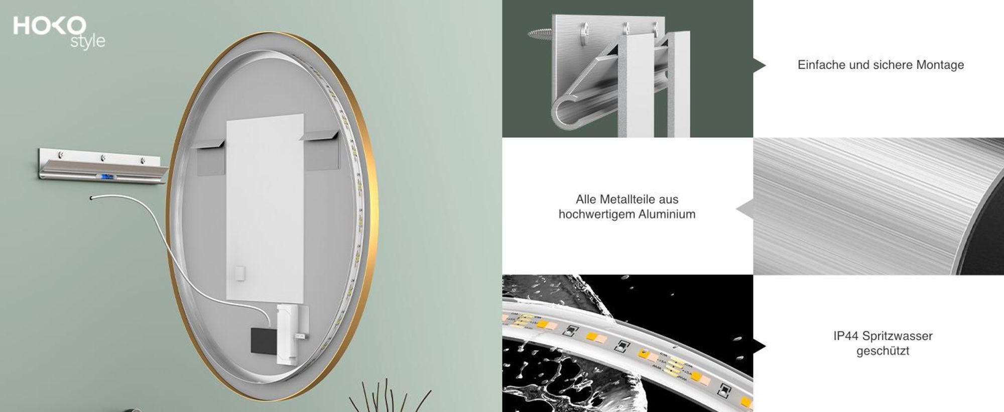 HOKO Design Badspiegel rund 60 cm Riga mit Metall Rahmen Gold. Runder Wandspiegel Energiesparend LED beleuchtet, Touch Schalter,Lichtfarbe Wechsel.