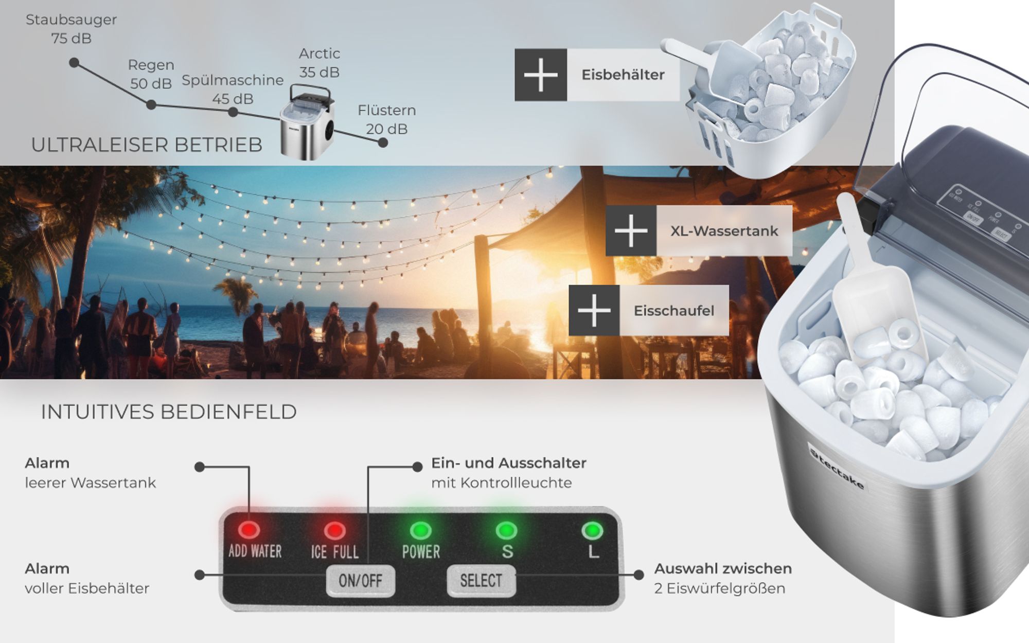 tectake® Eiswürfelmaschine Arctic 1,2 l Wassertank, 2 Eiswürfelgrößen