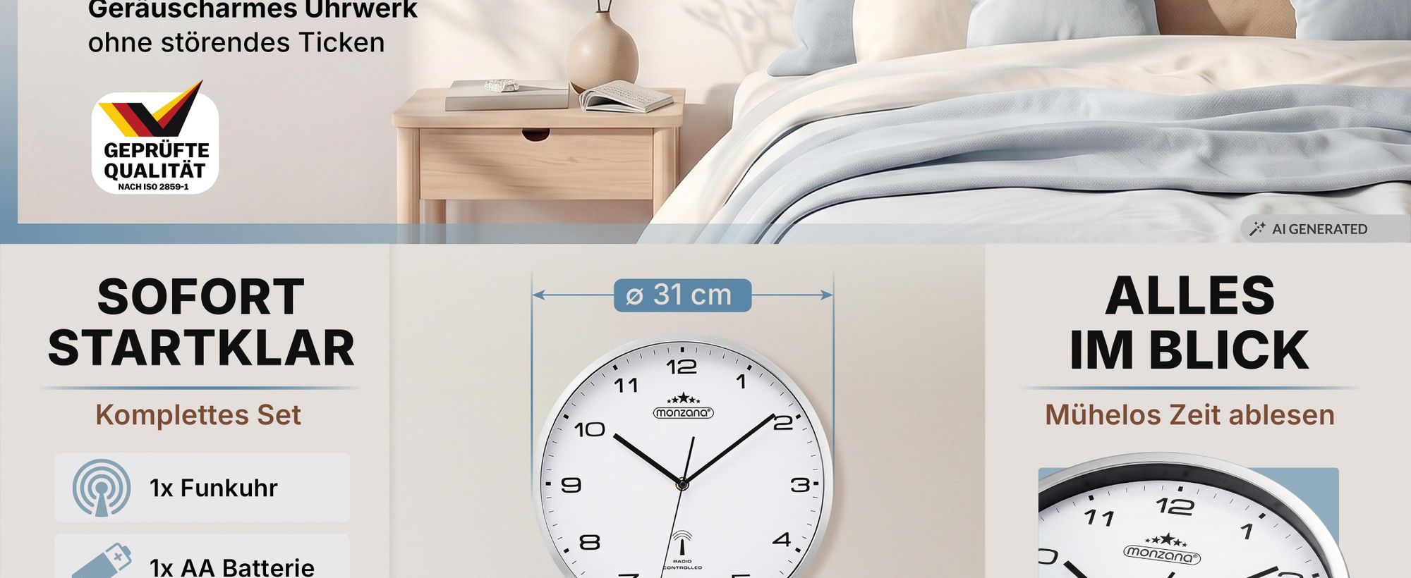 MONZANA® Wanduhr Groß Ø31cm Geräuscharm Automatische Zeitumstellung inkl. AA-Batterie Großes Ziffernblatt Weiß Quarzuhr Analog Wohnzimmer Büro Weiß