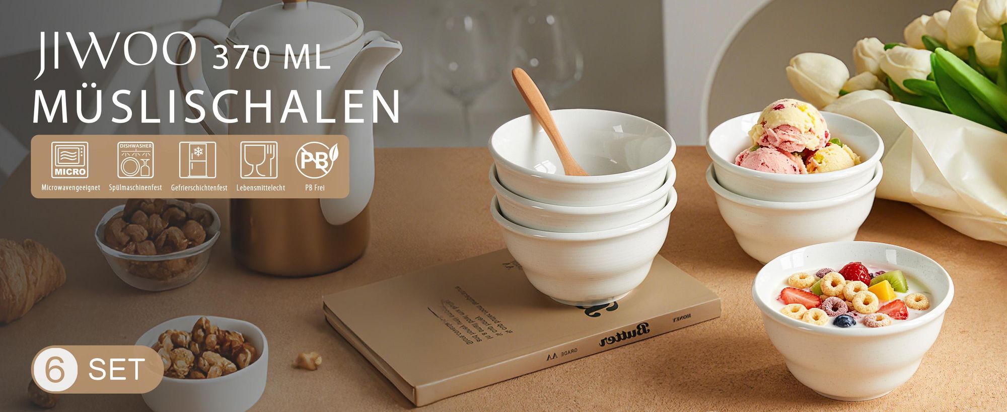 6-teiliges Keramik Schalen Set Ø 11,7 cm – Eisschalen, Dessertschalen & kleine Müslischalen für 6 Personen – mikrowellen- & spülmaschinengeeignet