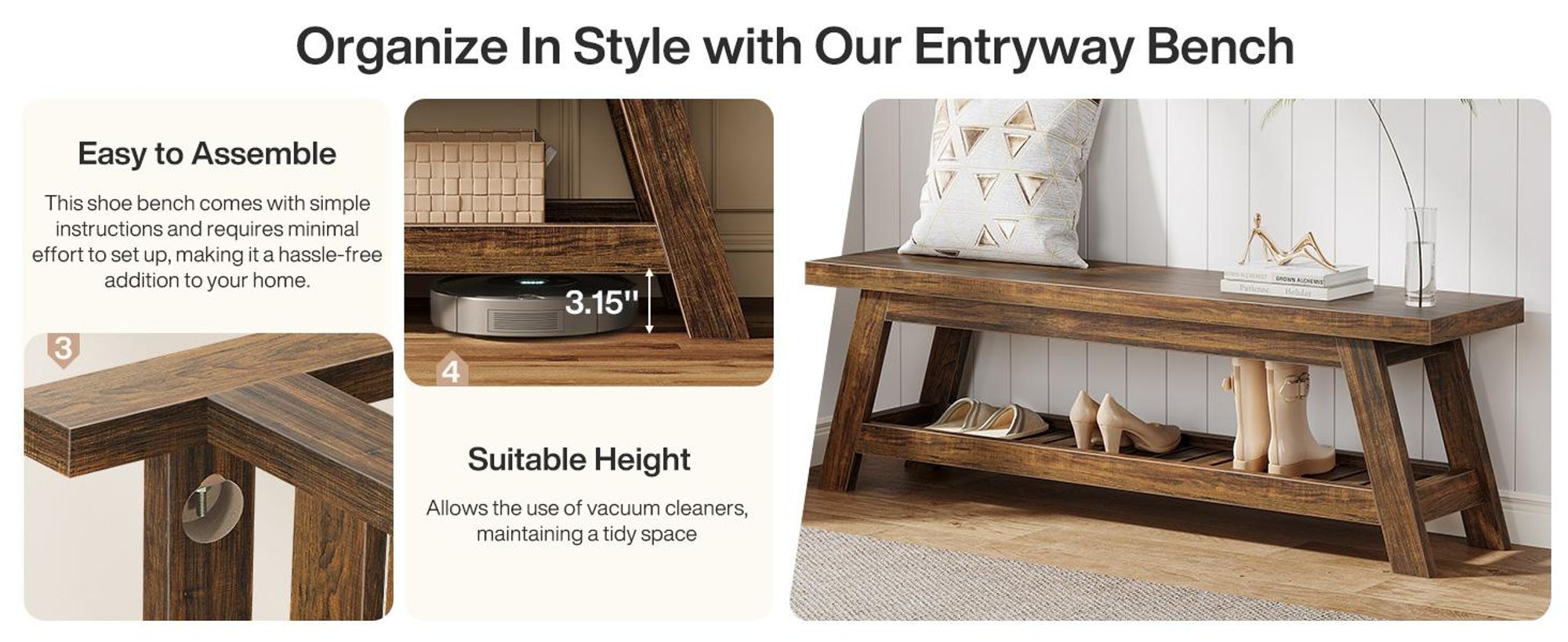 Banc de 140 cm avec espace de rangement pour chaussures, grande banquette en bois, banc étroit à deux niveaux, de style rustique, idéal pour un couloir, une cuisine ou une entrée