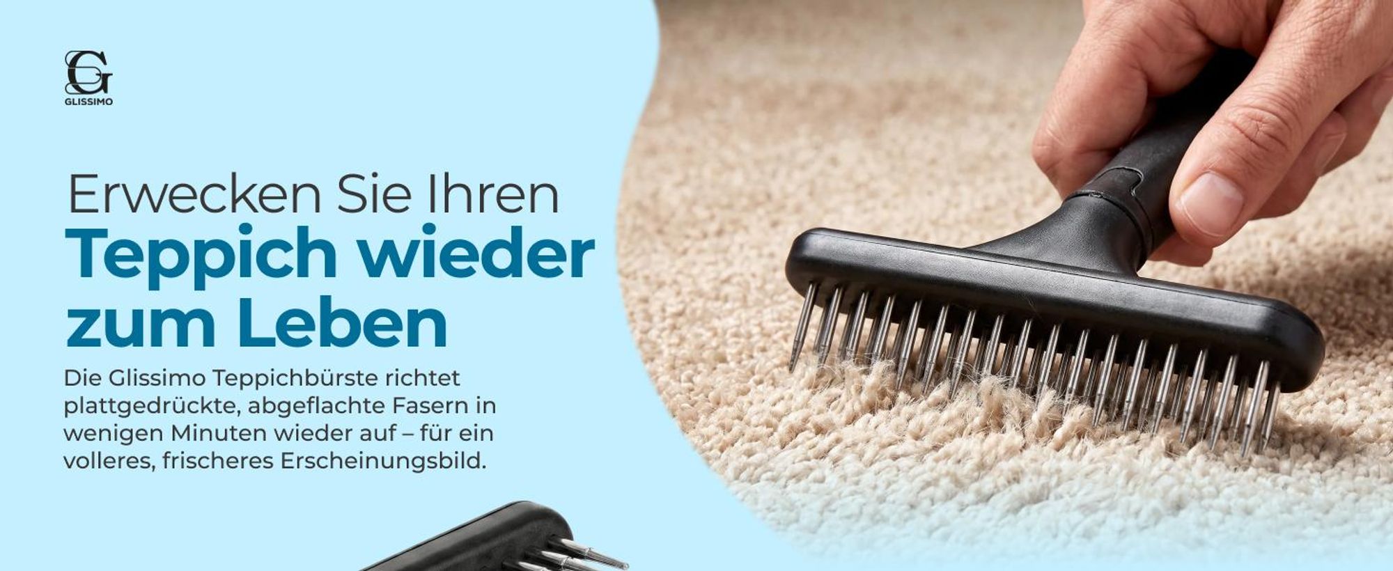 Glissimo Teppichbürste zum Auflockern von Fasern geeignet für Haustiere zur Reparatur von plattgedrücktem Teppich ergonomisches Design