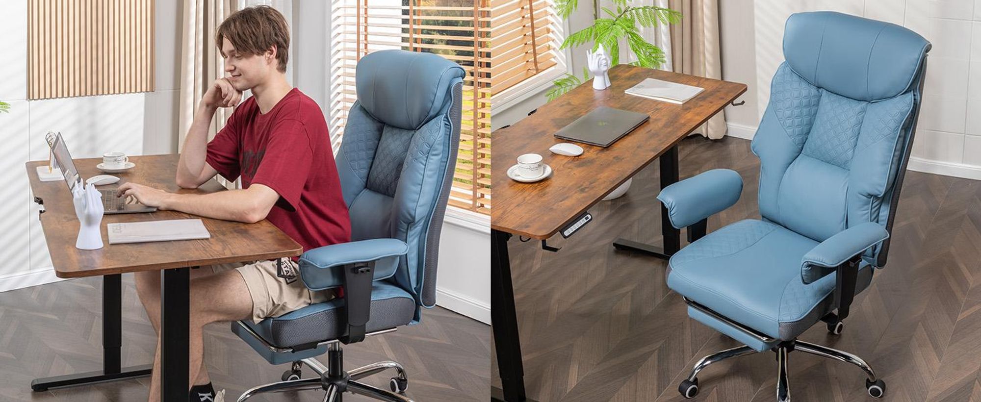 COMHOMA Gaming Stuhl für Große und Schwere Personen, ergonomischer Bürostuhl bis 180 kg, 3D Sitzkissen, verstellbar mit Fußstütze, Kunstleder, Hellblau