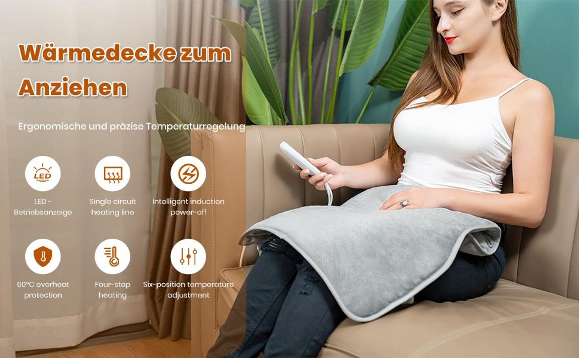 Elektrisches Heizkissen für Rücken & Schultern (60x100 cm) – Heizmatte mit 6 Heizstufen, 4 Timer & Abschaltautomatik, Flanell, Waschbar
