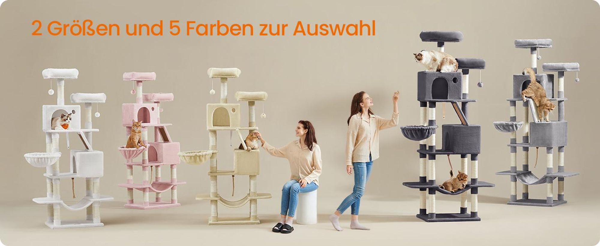 Feandrea Kratzbaum 168 cm, L, mit 13 Kratzsäulen, 2 Plattformen beige