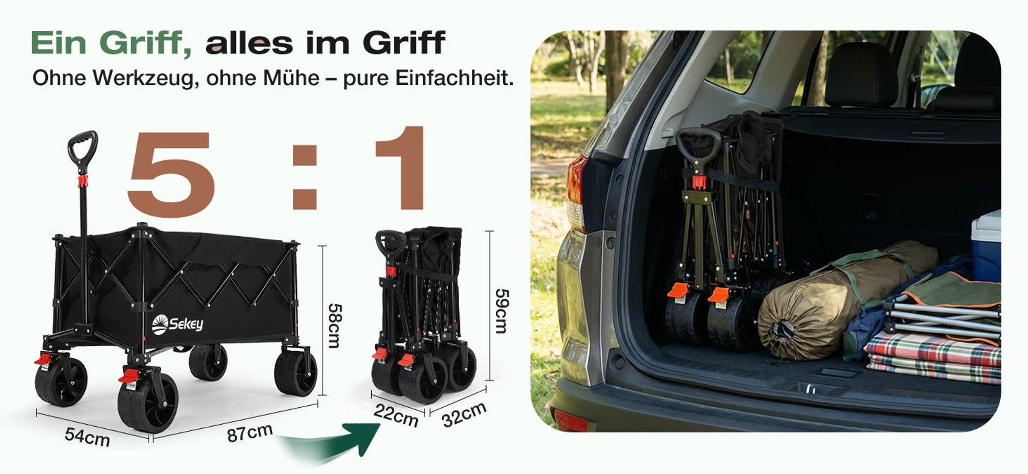Sekey Faltbar Bollerwagen Klappbar Handwagen Gartenwagen 150kg Tragekraft Transportwagen, Schwarz