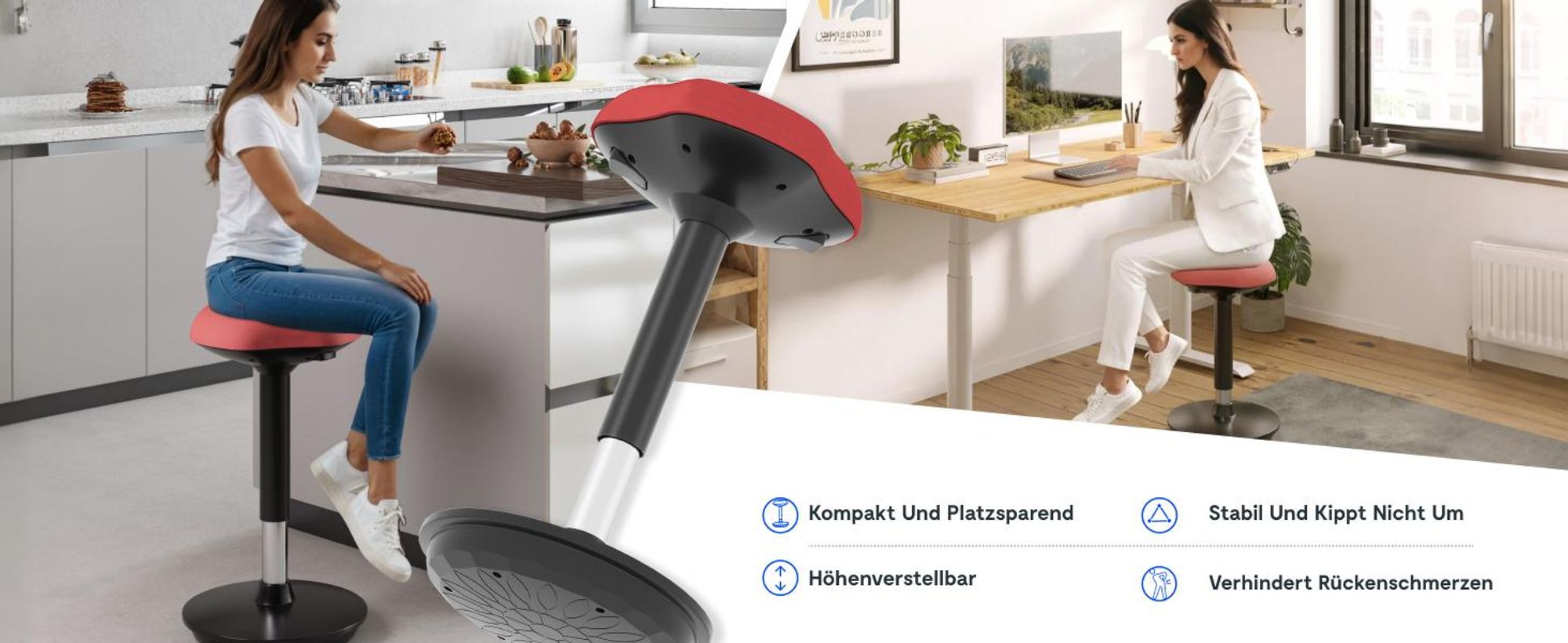 FLEXISPOT 2er Set Ergonomischer Arbeitshocker – Höhenverstellbare Stehhilfe, 360° drehbar, Bürohocker – Schreibtischhocker – Sitz-Steh-Hocker (Rot)