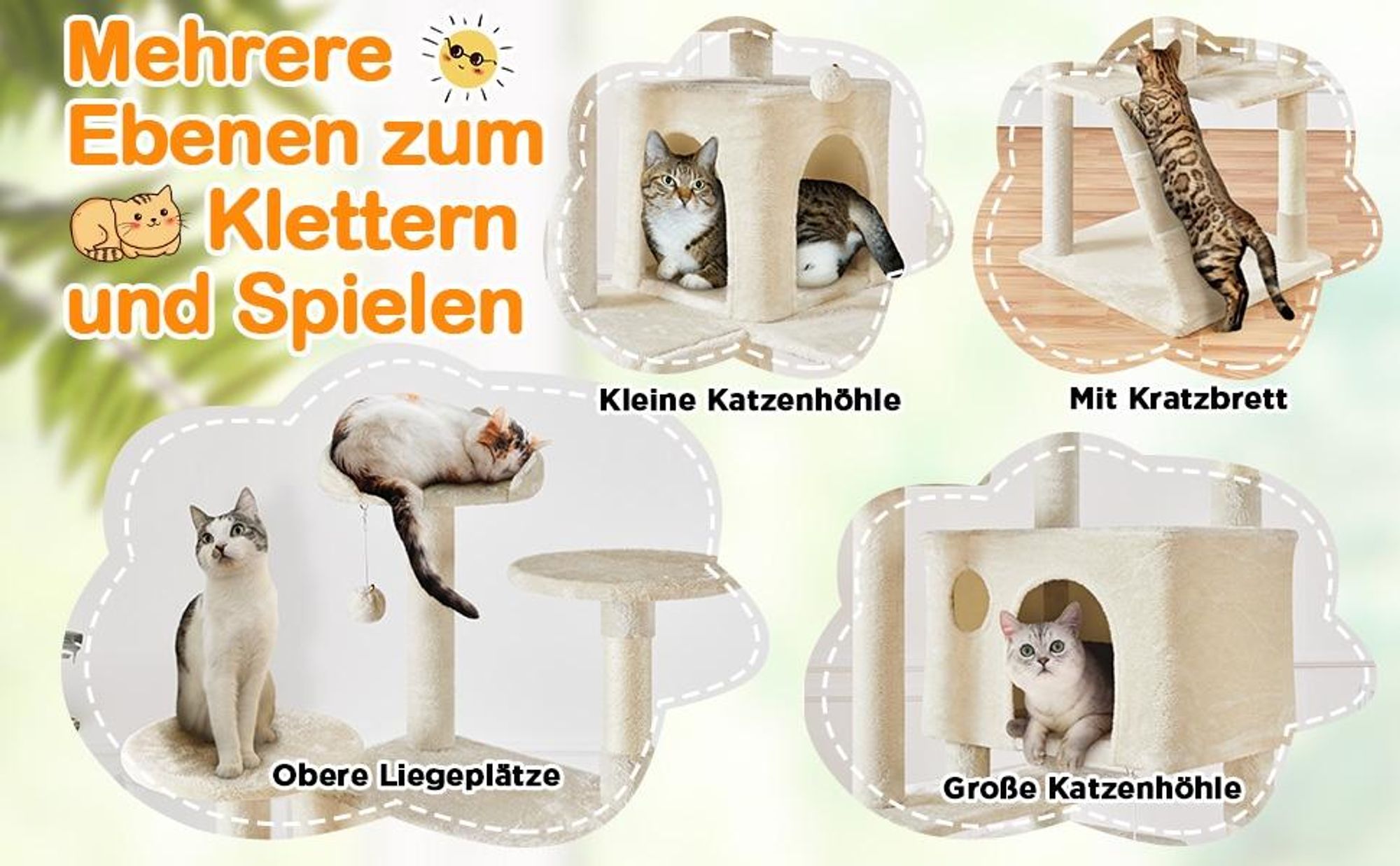 Yaheetech XXL Kratzbaum, 202,5 cm, mehrstufig, mit 3 Sisalstämmen, 3 Aussichtsplattformen, 2 Katzenhöhlen & 2 Plüschbällen, Beige