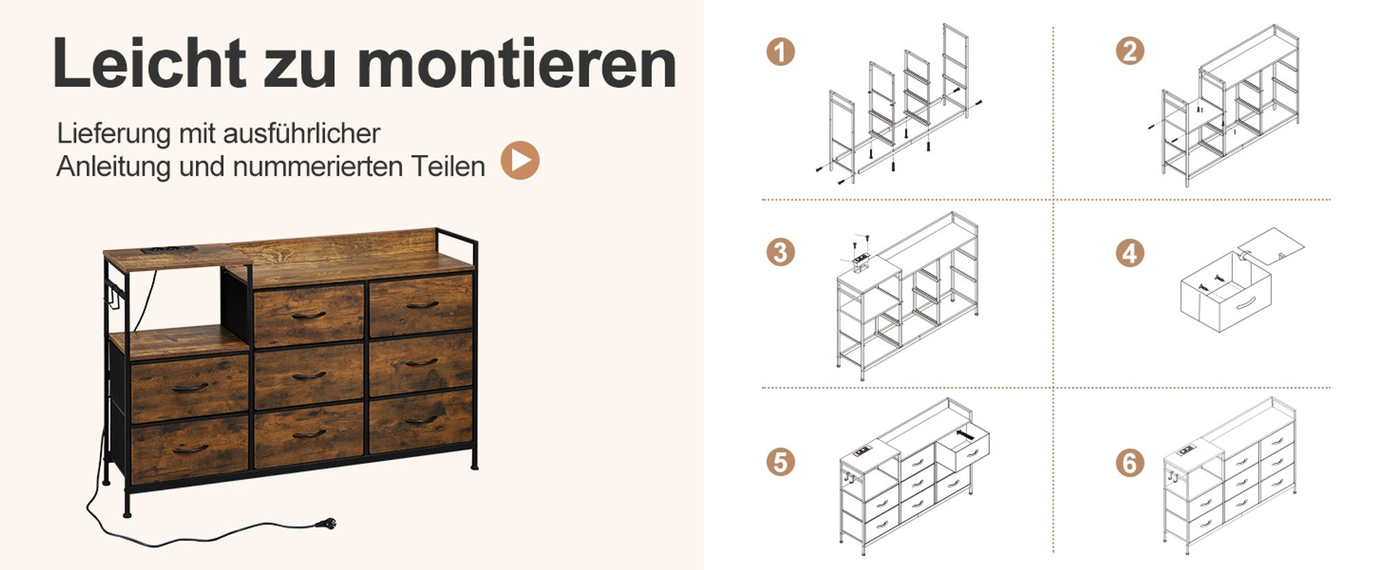 WOLTU Kommode mit 8 Schubladen Steckdosen, Metallrahmen Holzwerkstoff, Vintagebraun