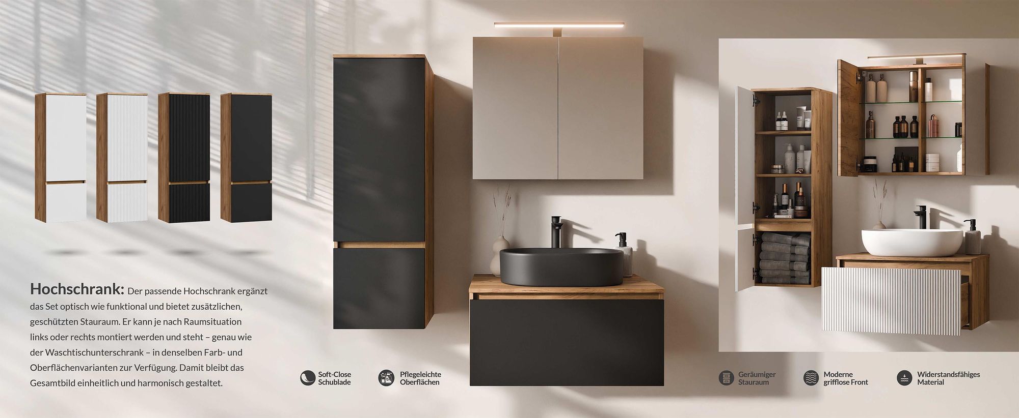 Planetmöbel ARISA Badmöbel Set Weiß – Mit Nova LED Spiegel und weißem Keramik-Aufsatzwaschbecken 55 cm