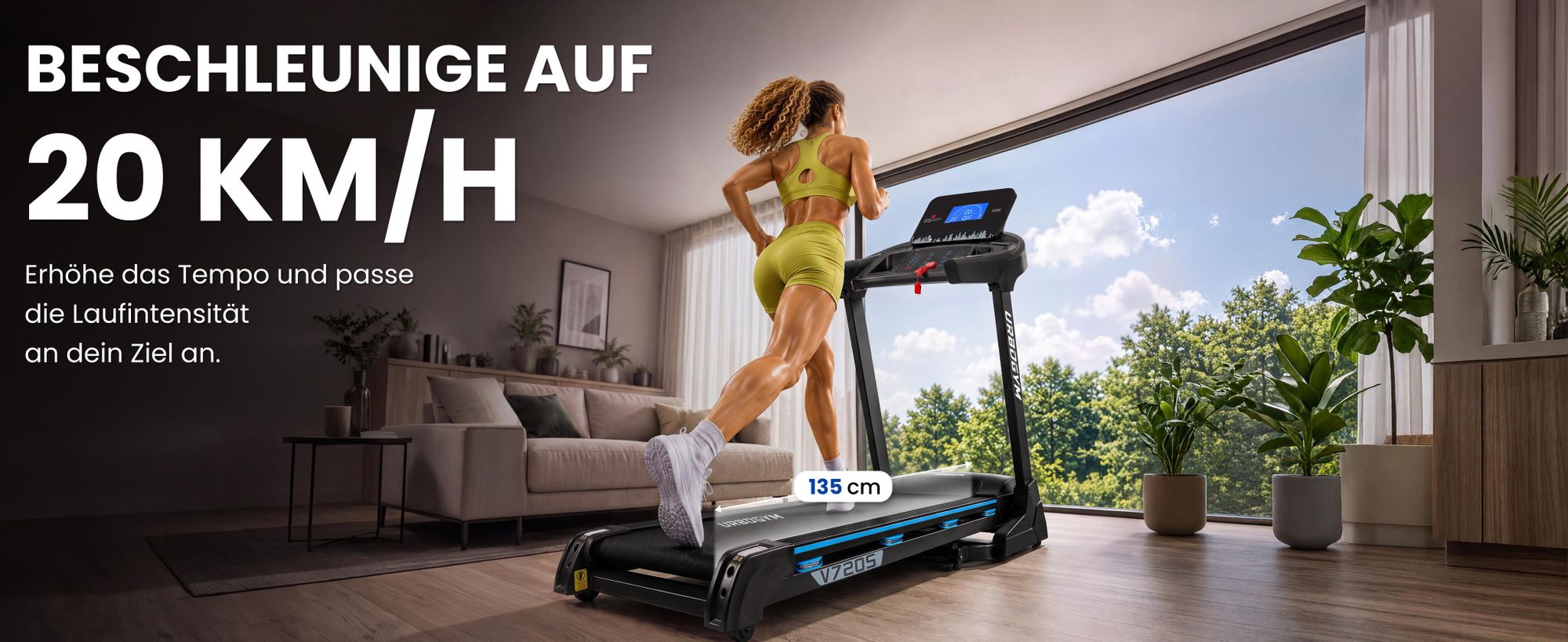 URBOGYM V720S Elektrisches Laufband, 20 km/h, 15 Steigungsstufen, 3,0 PS, 150 kg, klappbar, Bluetooth, 12 Trainingsprogramme