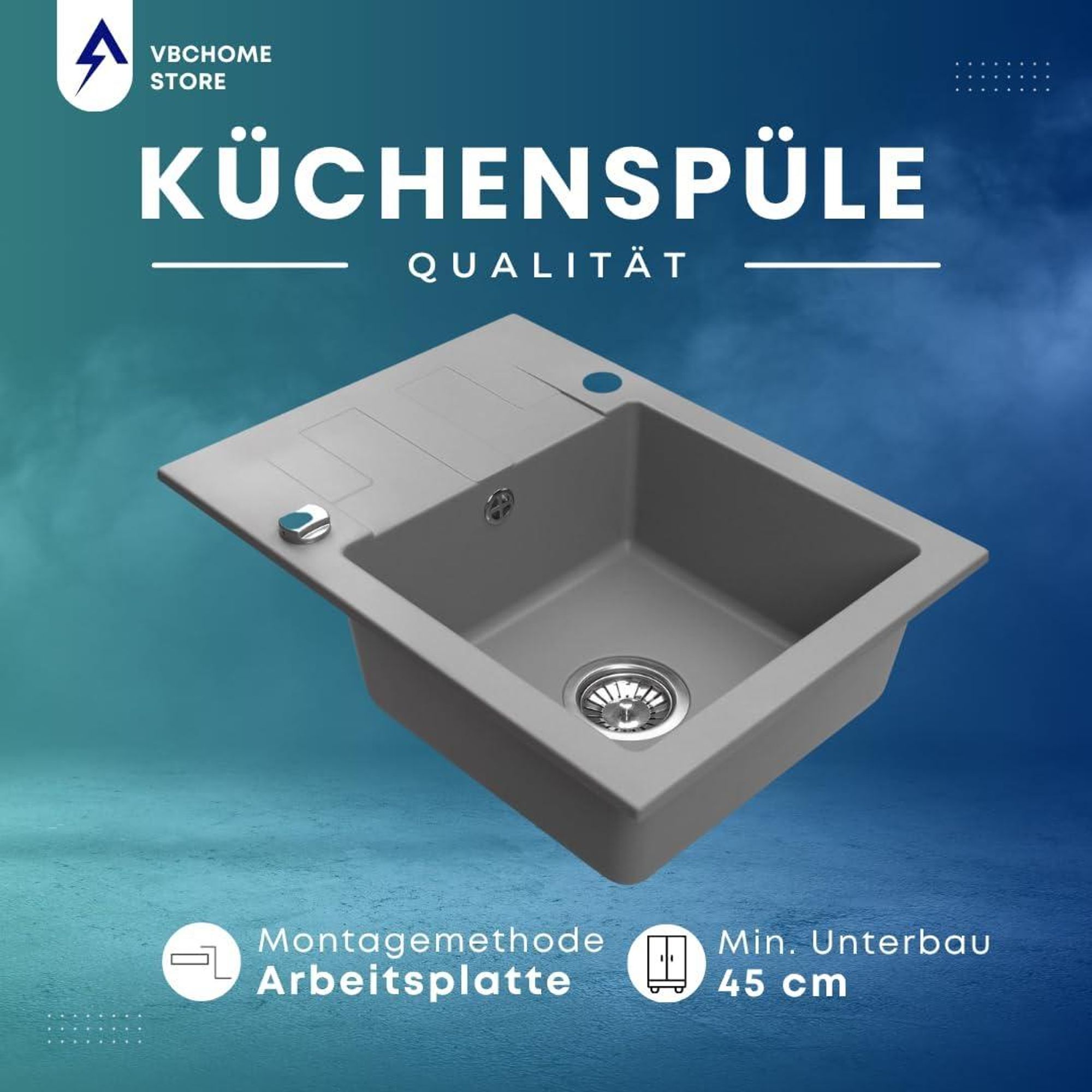 VBChome Granitspüle 59 x 44 cm Grau Einzelbecken Einbauspüle Reversibel Gesprenkelt Pflegeleichtes Spülbecken mit Siphon Ideal für kleine Küchen