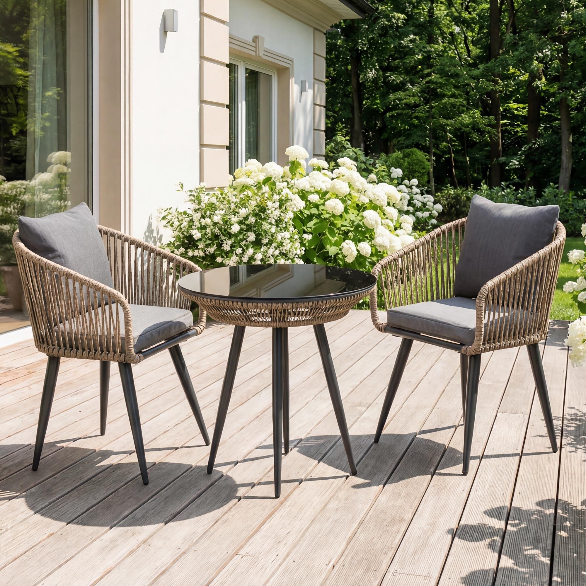 di volio Gartenmöbel Set RIETI - Braun/Grau, Balkonmöbel Set aus Polyrattan, Sitzgruppe outdoor mit 2 Sesseln und rundem Glastisch, wetterfest