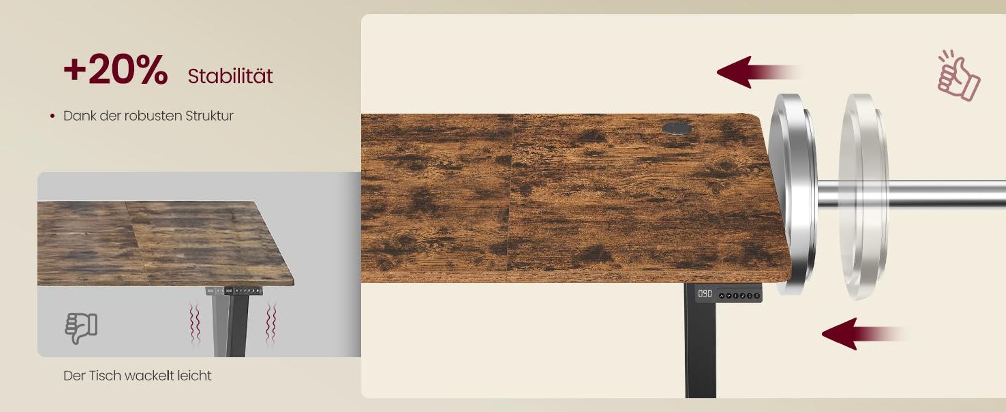 VASAGLE Elektrisch verstellbarer Stehtisch, Memory-Funktion mit 4 Höhen, Schreibtisch für Home Office, 100 x 60 cm, braun