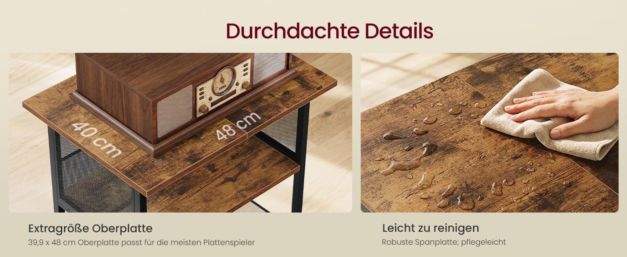 VASAGLE Plattenspieler Regal, HiFi Rack mit Schallplatten Aufbewahrung, 48 x 40 x 70 cm, Vintagebraun-Tintenschwarz