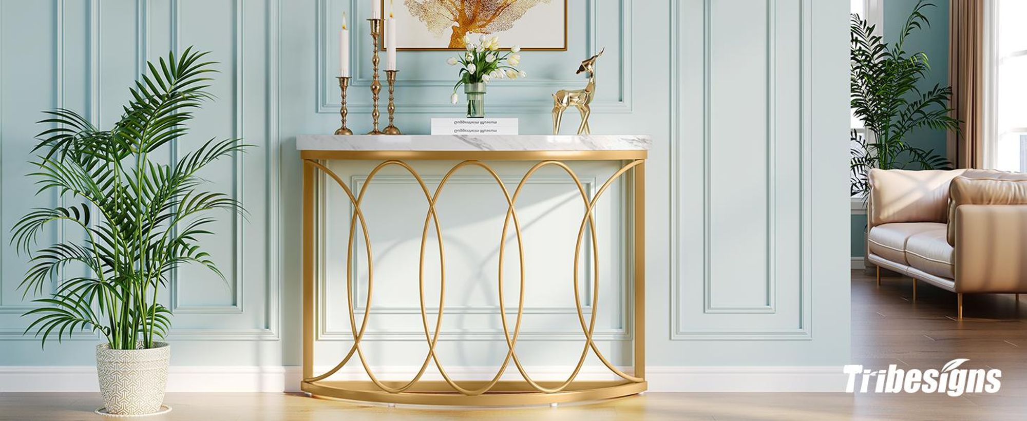 Wanbor Konsolentisch Schmal, Beistelltisch, Gold Marmor Wohnzimmertisch mit Metallrahmen&Halbmondförmig-Design, Moderner Sofatisch für Wohnzimmer