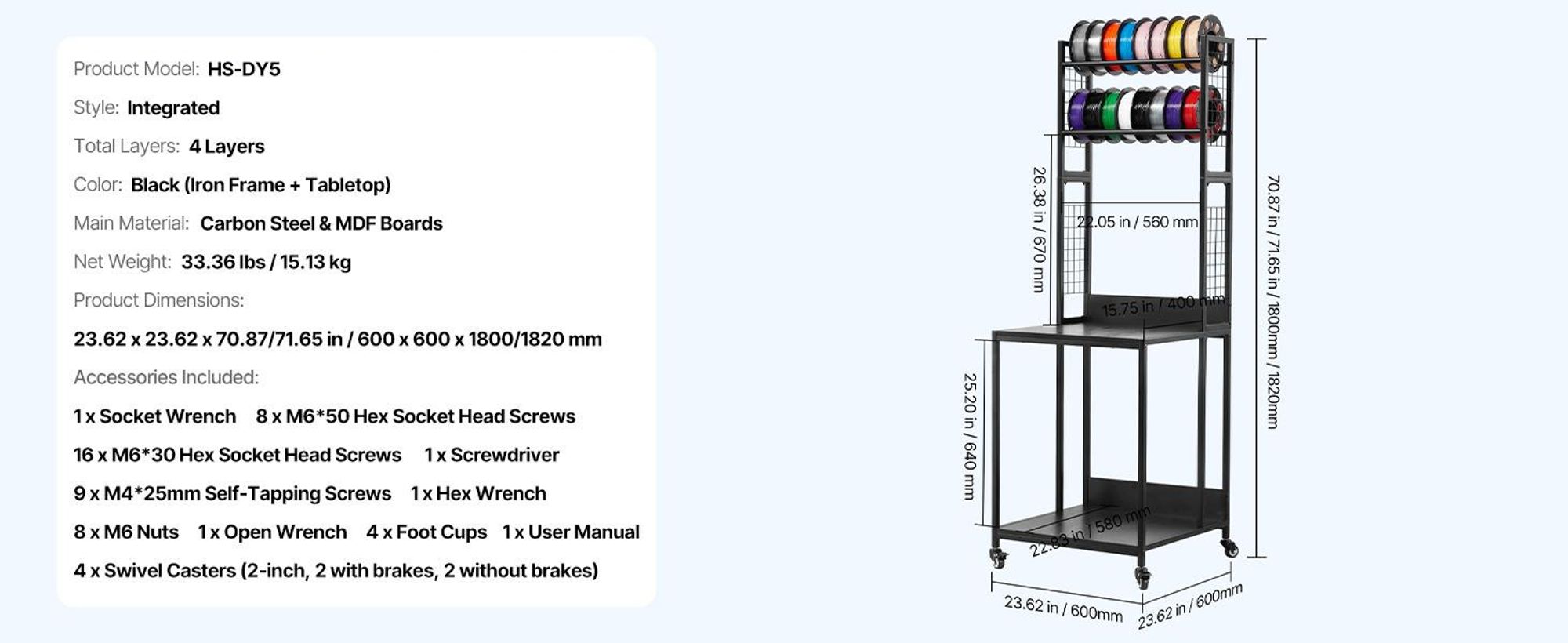 VEVOR Wandmontierter Drucker Filamentlagerregal, 2-stufiges Wandregal, rollbare Filamentspulenhalter mit Rädern, Filamente organisiert für 3D-Druckstudio, Werkstatt (Nur Regal), Integriert, Vier Schichten-a