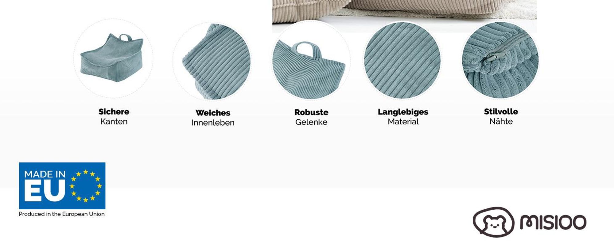 MISIOO Sitzsack Pouf für Kinder - Puffy Square - Kindersessel - Samt Pouf aus Cord - Ideal für das Kinderzimmer - Leicht zu Waschen - Blau