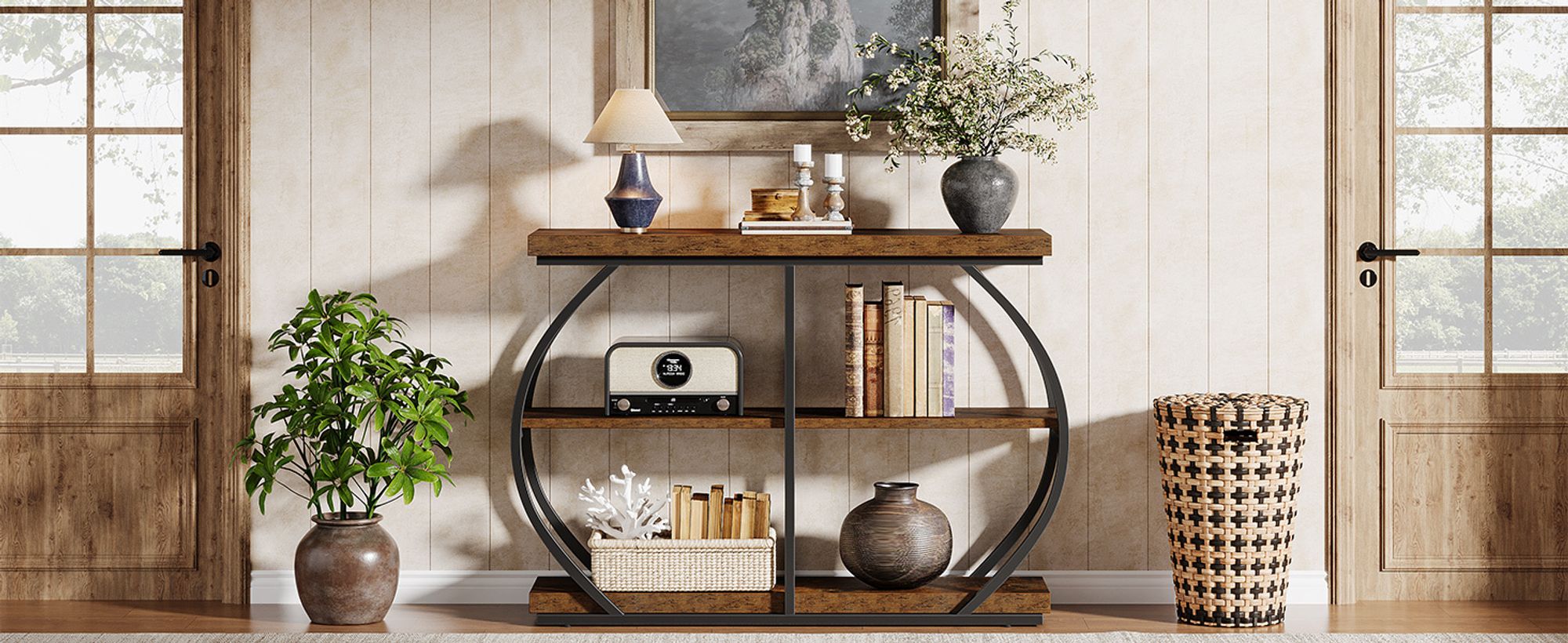 Tribesigns Konsolentisch,  industrieller 3-stöckiger Eingangstisch mit gewölbtem Metallrahmen 105*30*80 cm, für Wohnzimmer, Flur, rustikal Braun