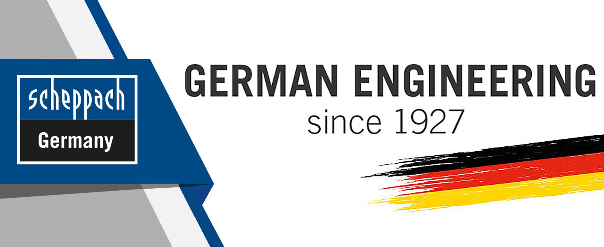 Scheppach Germany Logo mit der Info "German Engineering since 1927"