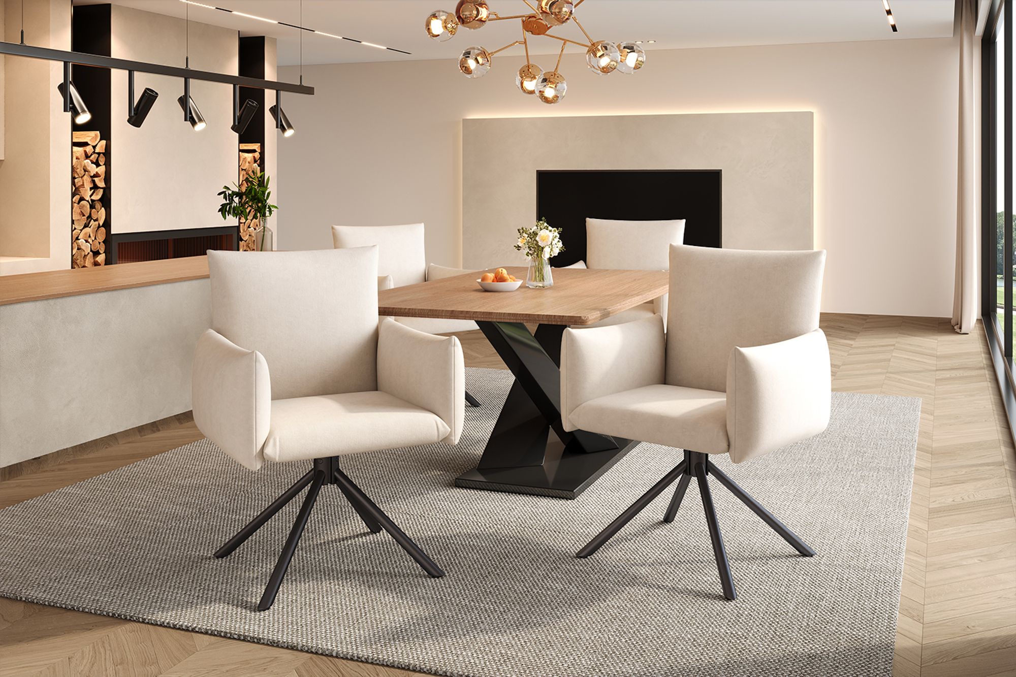 Flieks Esszimmerstühle (4 St.), 360° drehbarer Loungesessel, Polsterstuhl aus Samt, Essstuhl mit 4 Metallbeinen, atmungsaktives Material, beige
