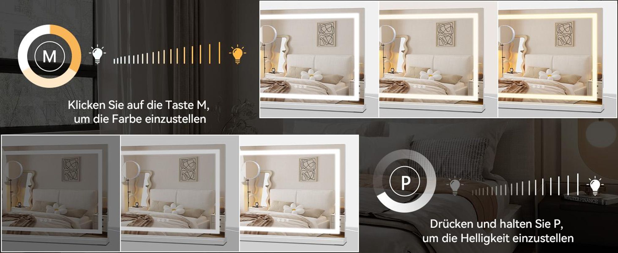 Puluomis Schminkspiegel Kosmetikspiegel 58x45 cm Hollywood Spiegel, dimmbar mit LED Beleuchtung 3 Farben, 2 in 1 Tischspiegel Wandspiegel viereckig
