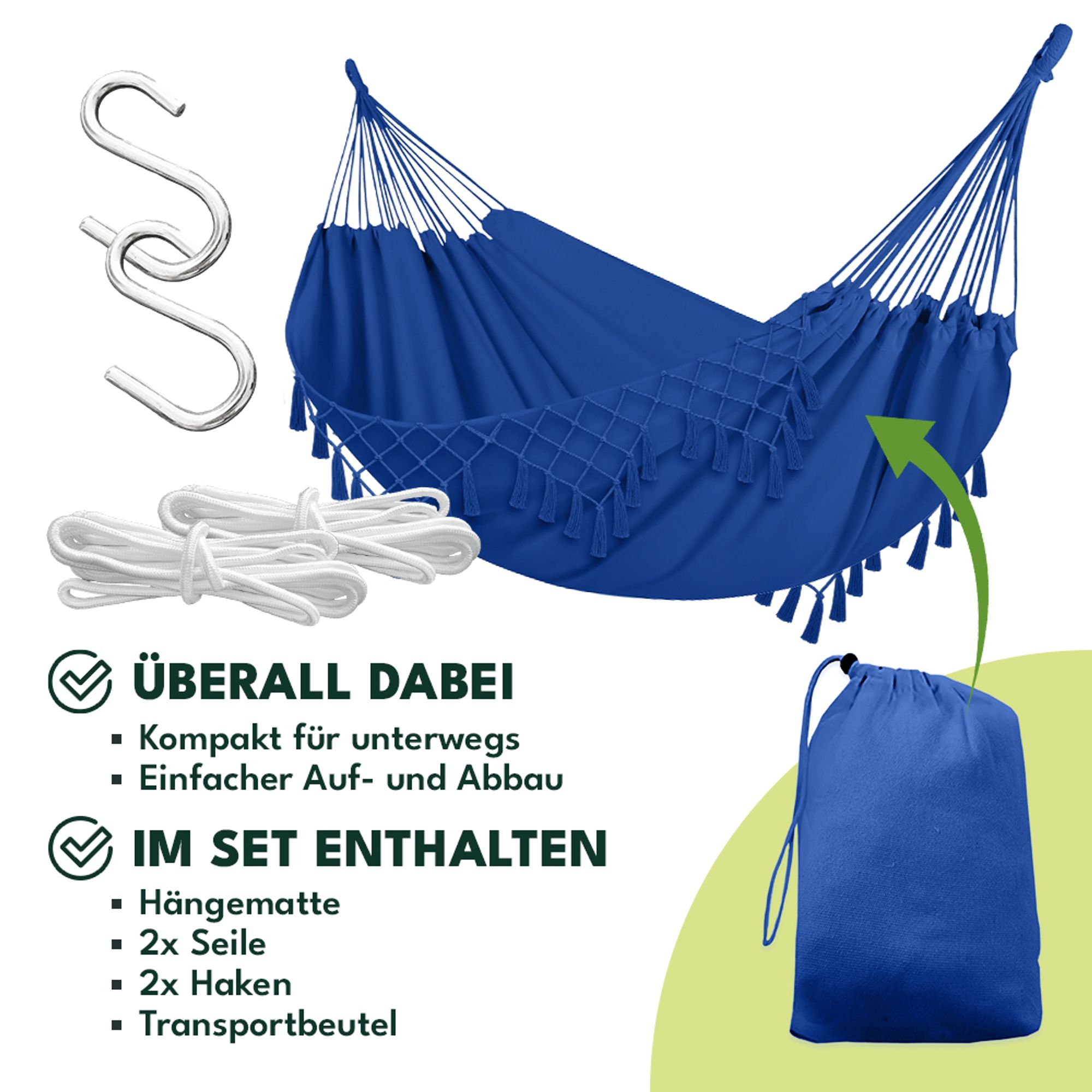 KRUMAD Hängematte Outdoor Boho-Stil 190x150 cm Blau 120 kg Belastbarkeit Mit Fransen Aufbewahrungstasche 2 Seilen Baumwolle-Polyester Outdoor Indoor