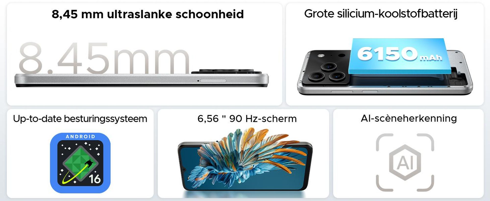 DOOGEE Note 56 Smartphone, Android 16, 6,56" 90Hz HD+, 6150mAh batterij, 24GB RAM + 64GB opslag, 4G Dual-SIM, 8MP camera, gezichtsherkenning, OTG, zonder abonnement