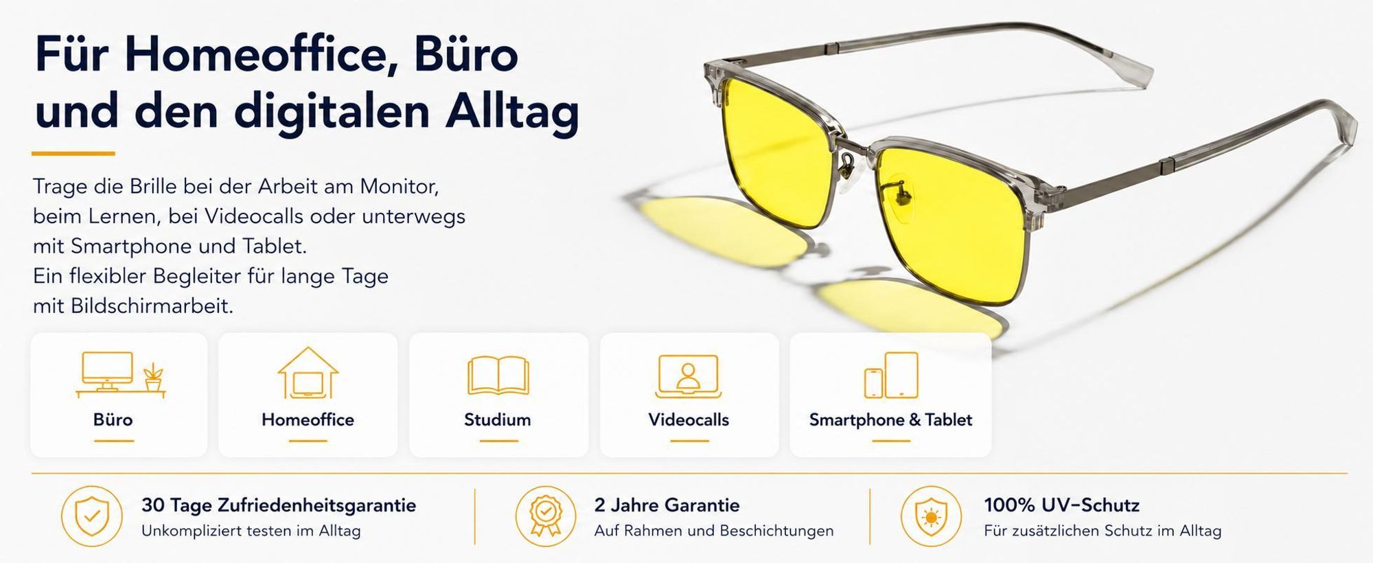 Gelbe Bildschirmbrille für Büro, Homeoffice, Studium, Videocalls und mobile Geräte.