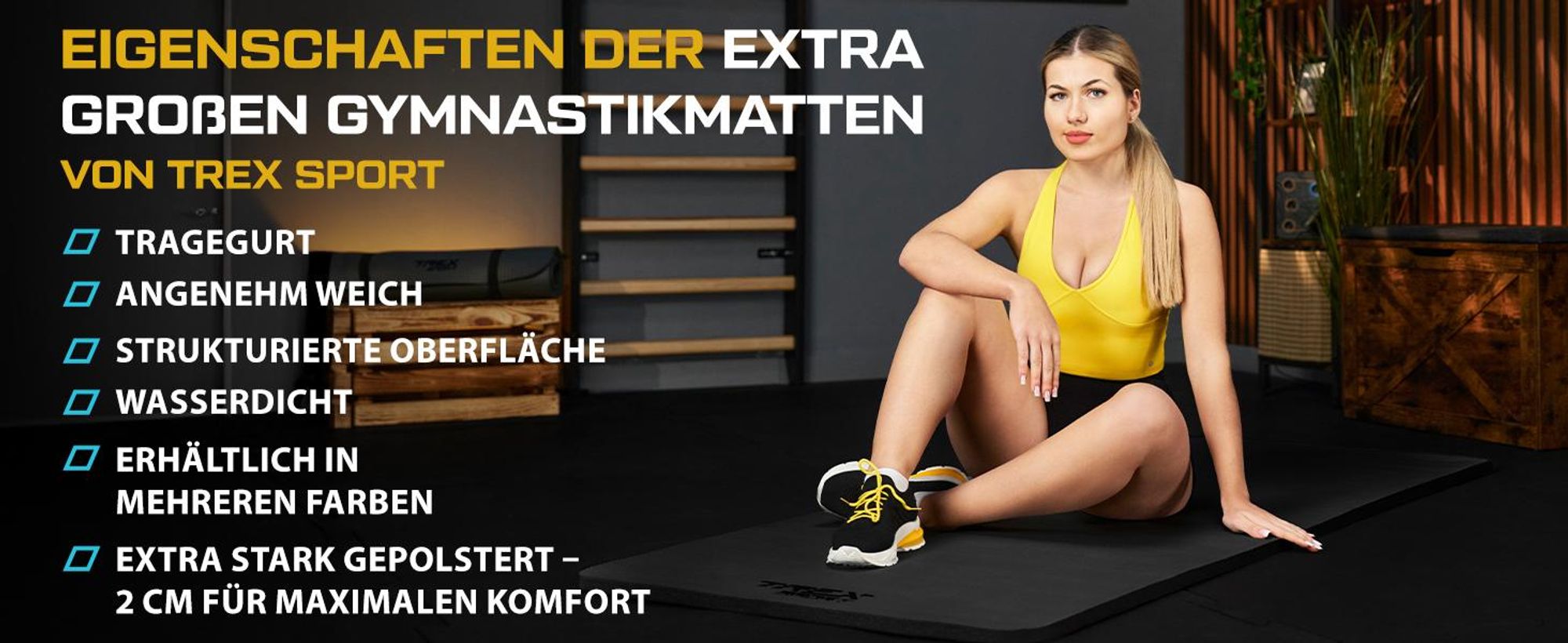 TREX SPORT Gymnastikmatte Fitnessmatte 2cm TX-029NGM | Yogamatte Pilates 190×80×2cm | Trainingsmatte rutschfest, wasserdicht | Sportmatte schwarz