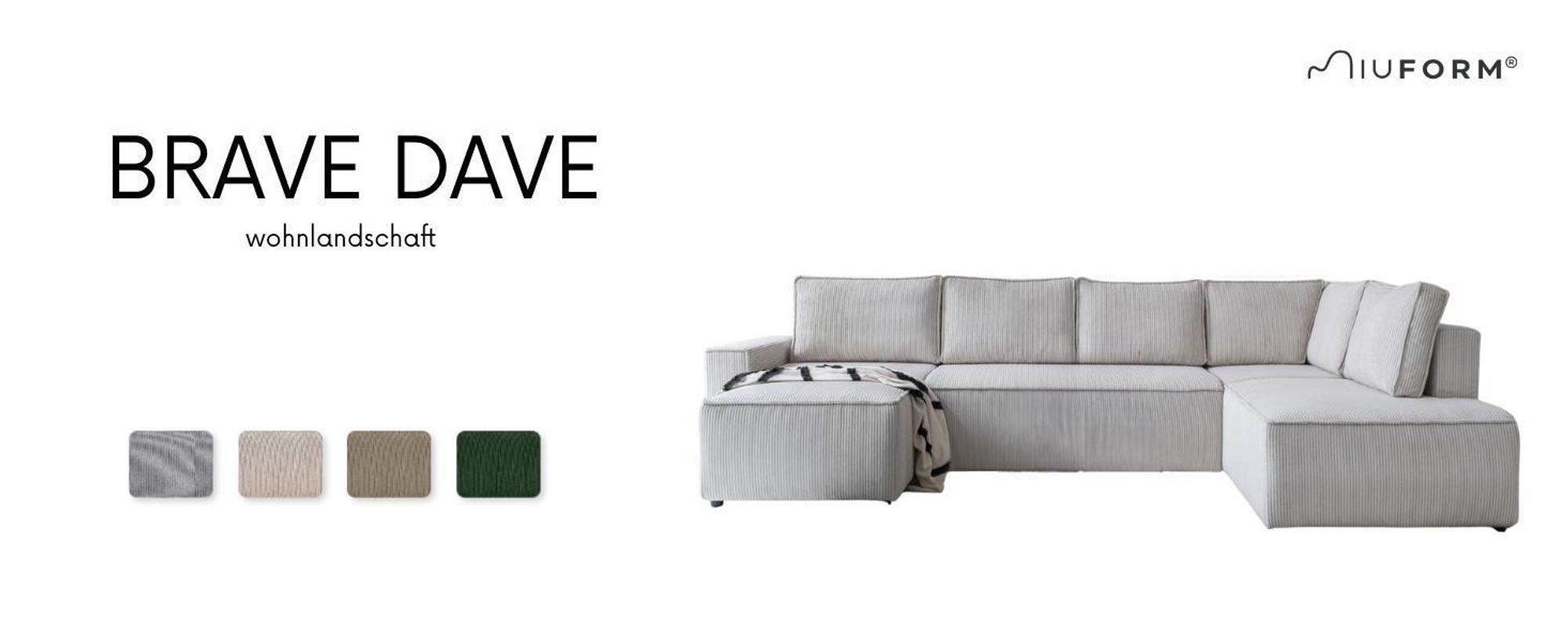MIUFORM Brave Dave - Ecksofa mit Bettfunktion und Bettkasten U-FORM RECHTS - 322x194cm - Flaschengrün - Sofa Schlafsofa Couch