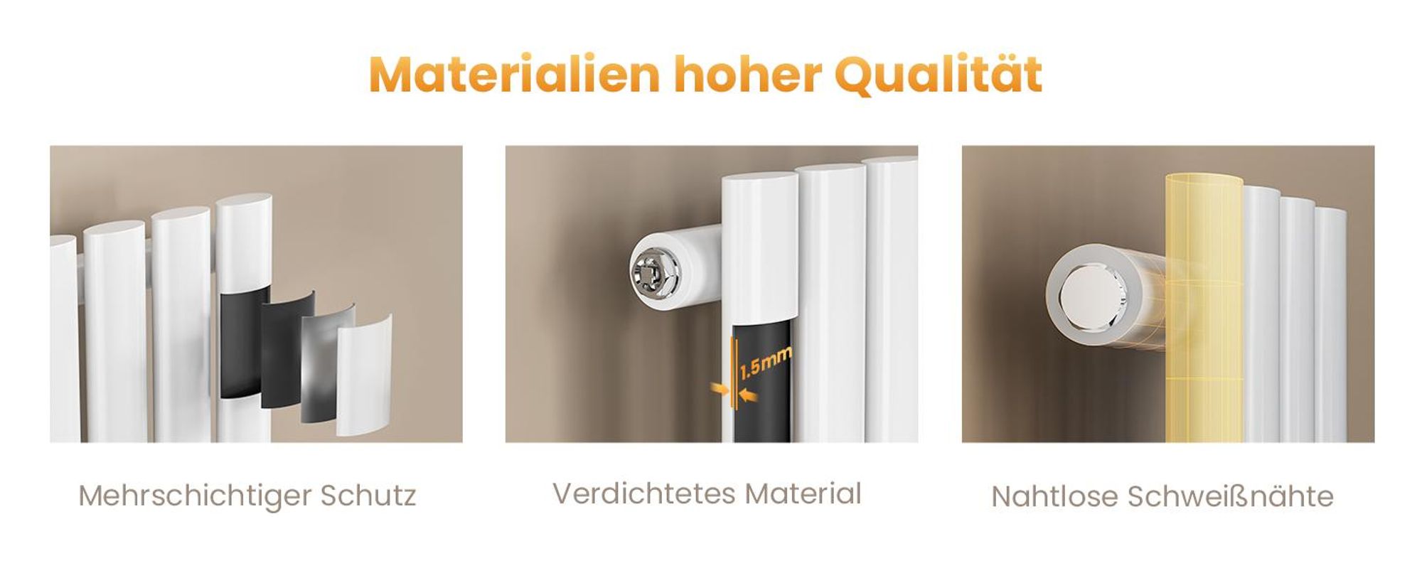 EMKE Design-Röhrenheizkörper für Warmwasserbetrieb Mittelanschluss Vertikal Oval Einlagig 177 Watt 24 cm x 60 cm Weiß ohne Heizstab