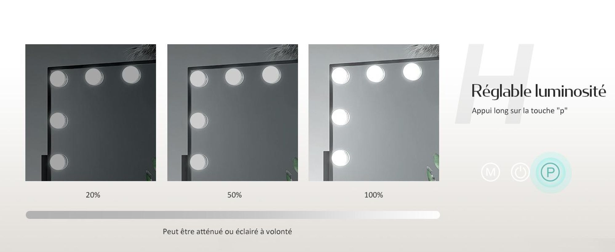 EMKE Hollywood Miroir de courtoisie 85x364x475mm avec miroir grossissant 7x, noir Miroir de courtoisie avec écran tactile intelligent et 3 couleurs de lumière, 12 lampes LED à intensité variable, pivotant à 360° et fonction mémoire