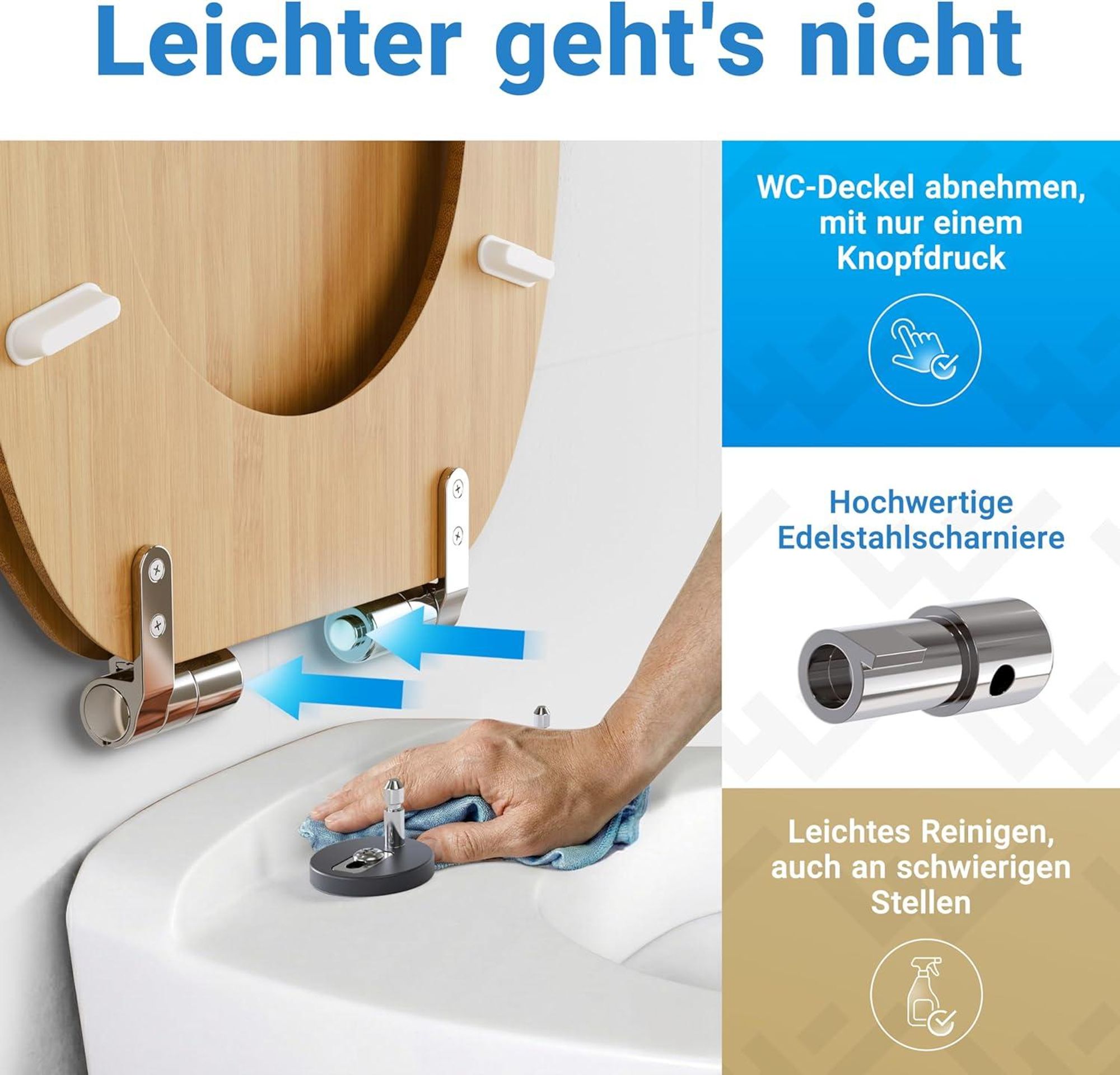 LOBENSWERK Toilettendeckel Bambus [Einfache Montage] mit Soft-Touch Beschichtung | antibakteriell - UV-beständig | Quick-Release-Funktion | Klodeckel