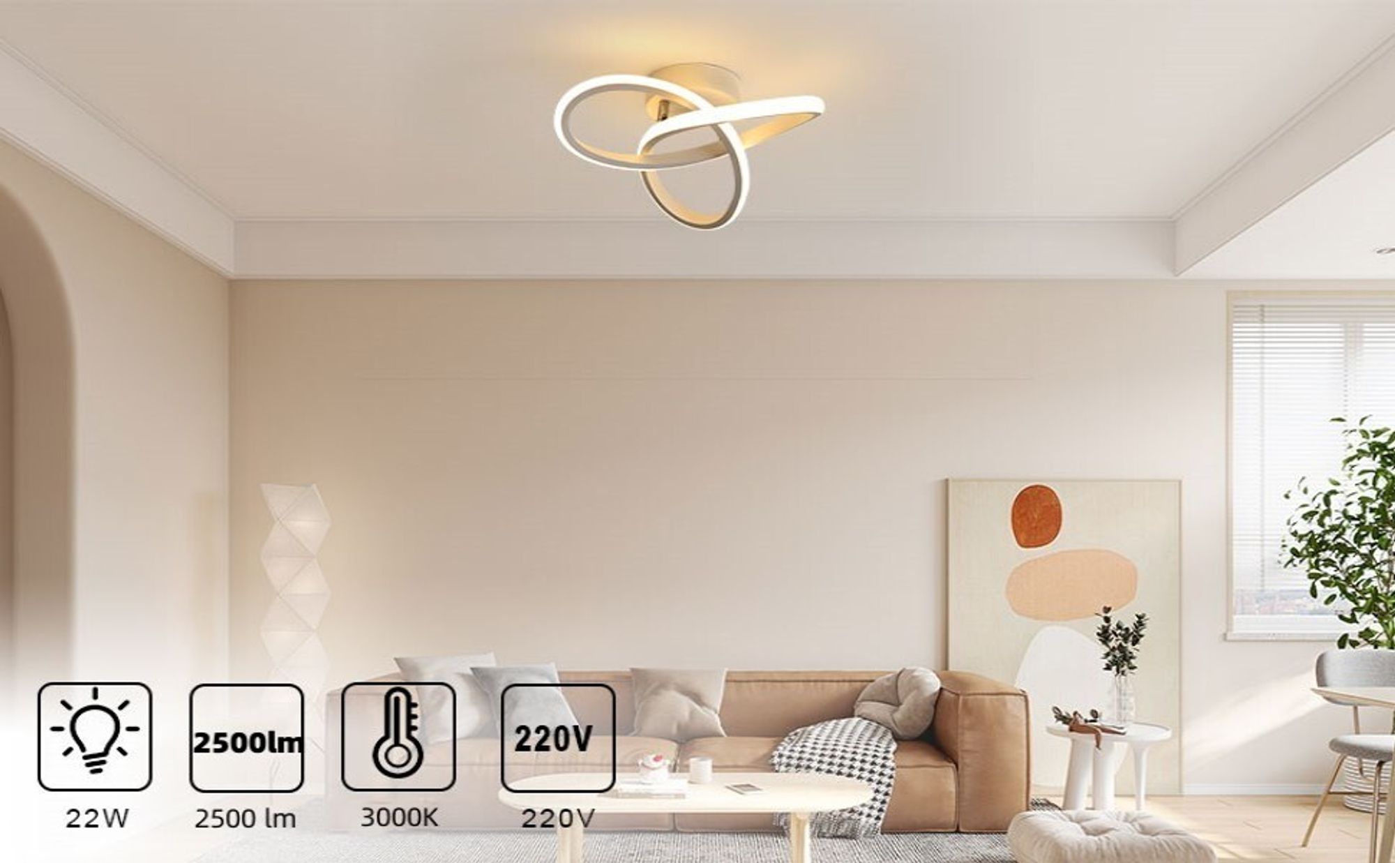 LED Deckenleuchte, 22W 2500LM Deckenlampe 3000K Warmweiß, Moderne Deckenleuchte aus Aluminium LED Lampe Weiß für Wohnzimmer Schlafzimmer Flur Küche